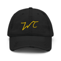 Black cap with gold logo on a white background