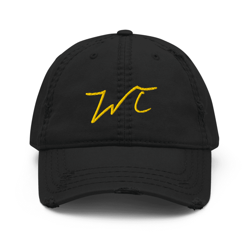Black cap with gold logo on a white background