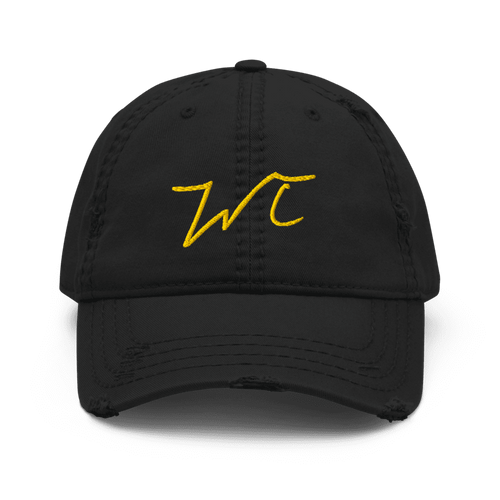 Black cap with gold logo on a white background